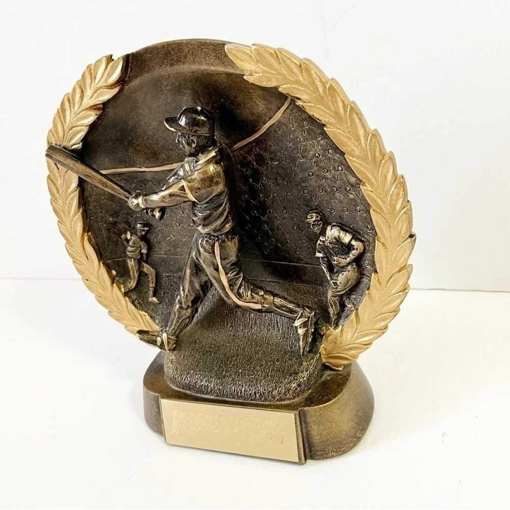 Gold Male Baseball Batter Resin Trophy Awards Plaque Coach Gift 3D Raised Relief